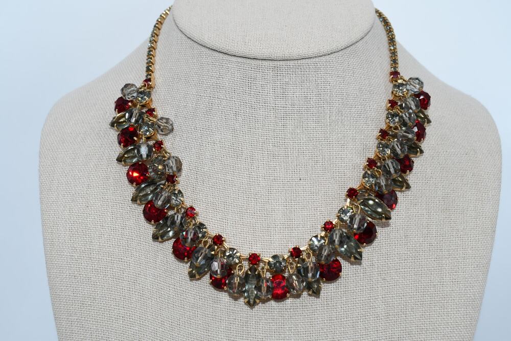 Vintage Gold Rhinestone Statement Necklace Red Gray Crystal Dangles